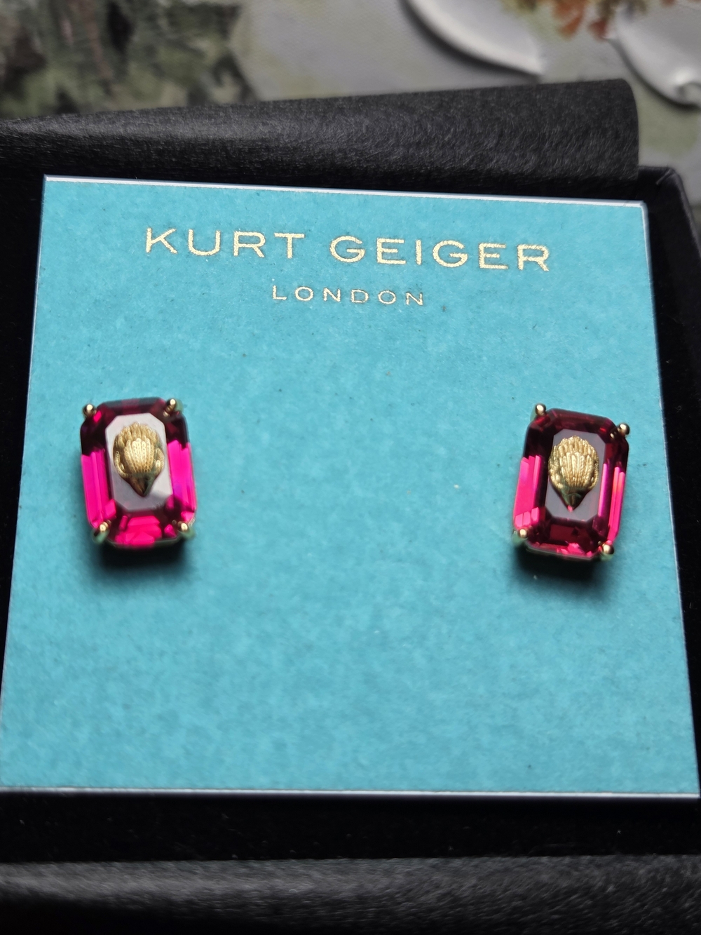 Kurt Geiger London emerald-cut fuchsia crystal stud earrings